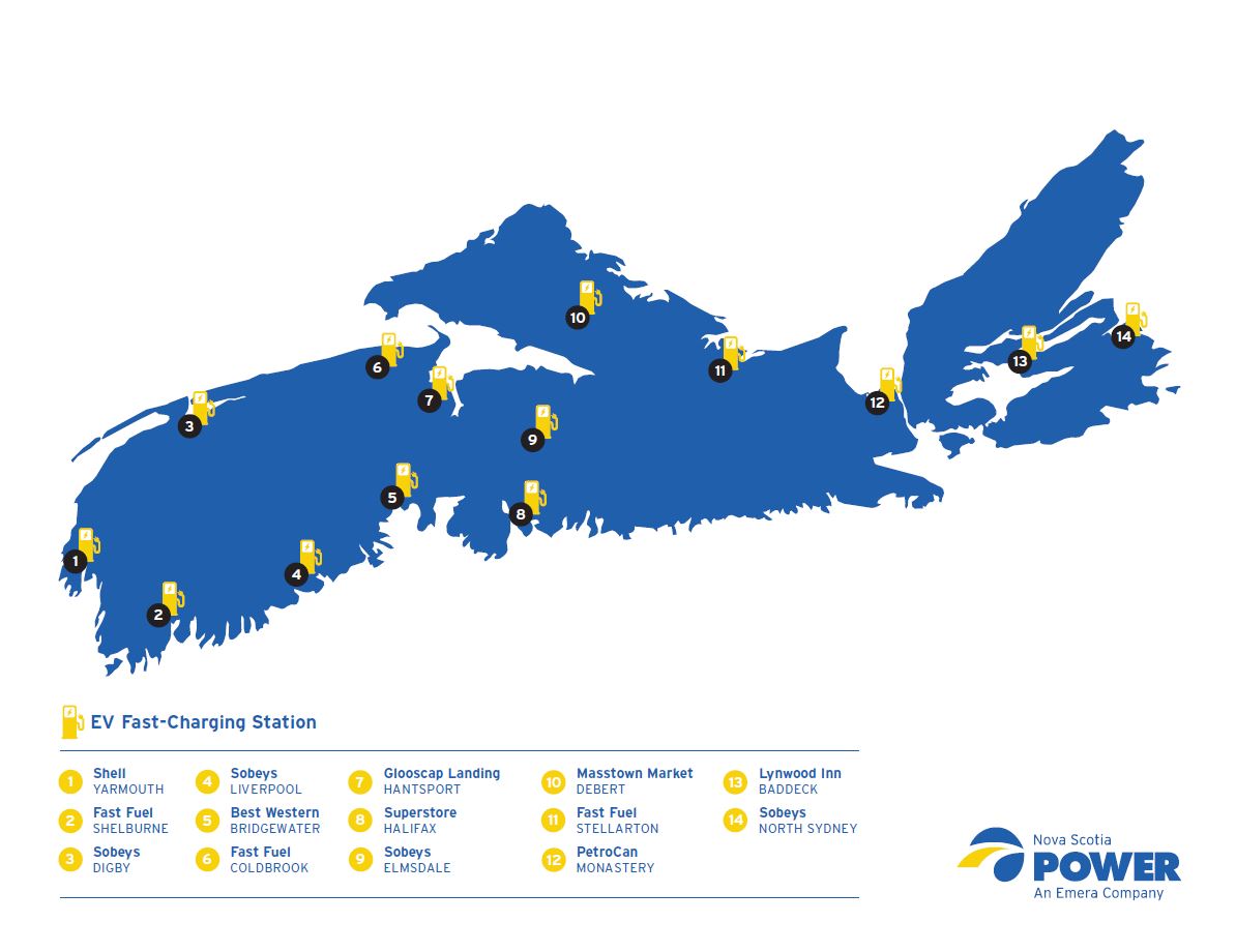 A map of electric vehicle fast-charging stations across nova scotia