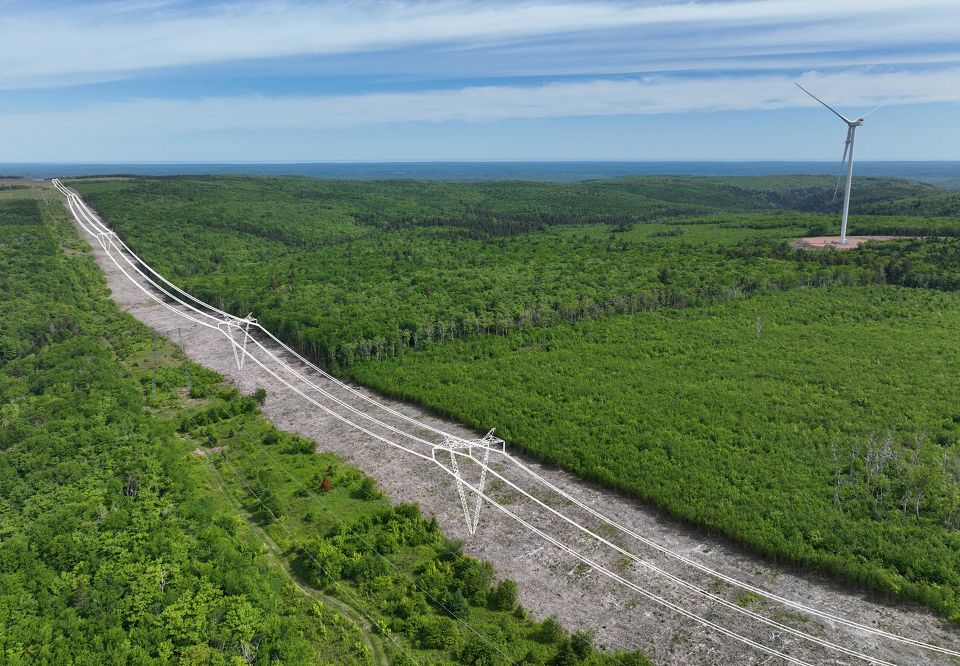 Aerial view of the Wəsoqonatl Transmission Line running across a lush green landscape