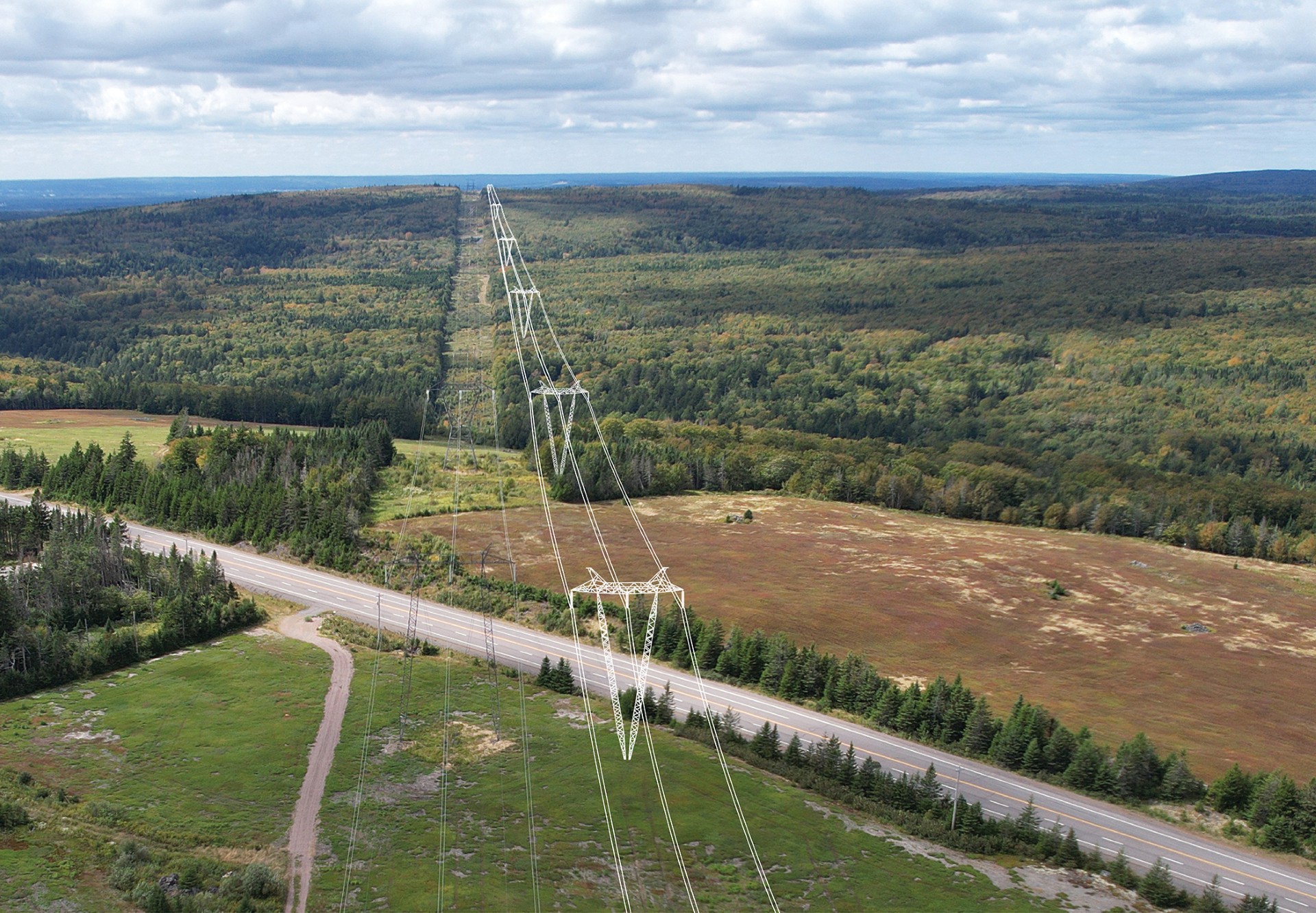 Transmission lines running over a green landscape
